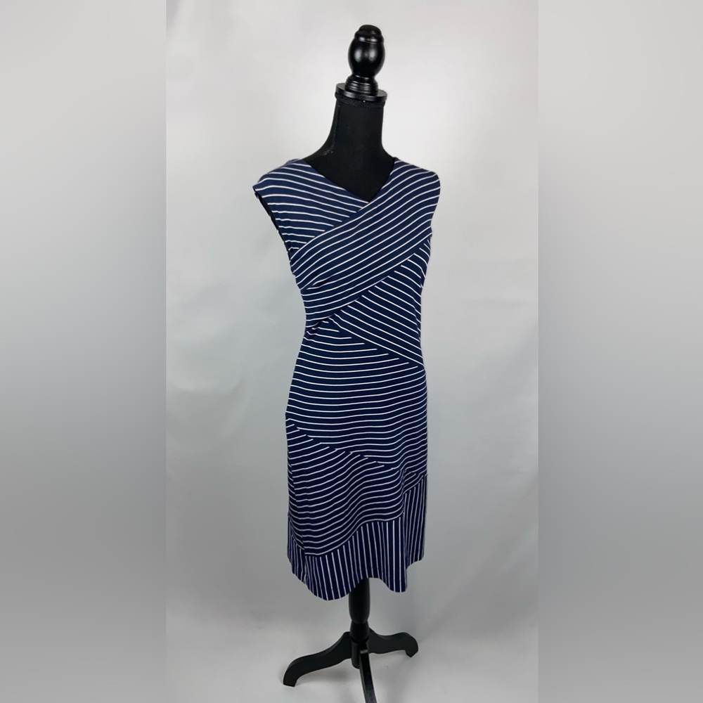 Ann Taylor Dress Striped Medium Navy Blue + White